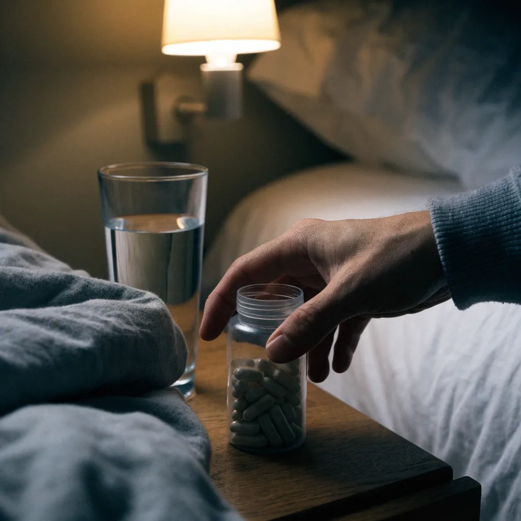 A nightstand with a glass of water and an unlabelled bottle beside a folded sheet in a dim bedroom