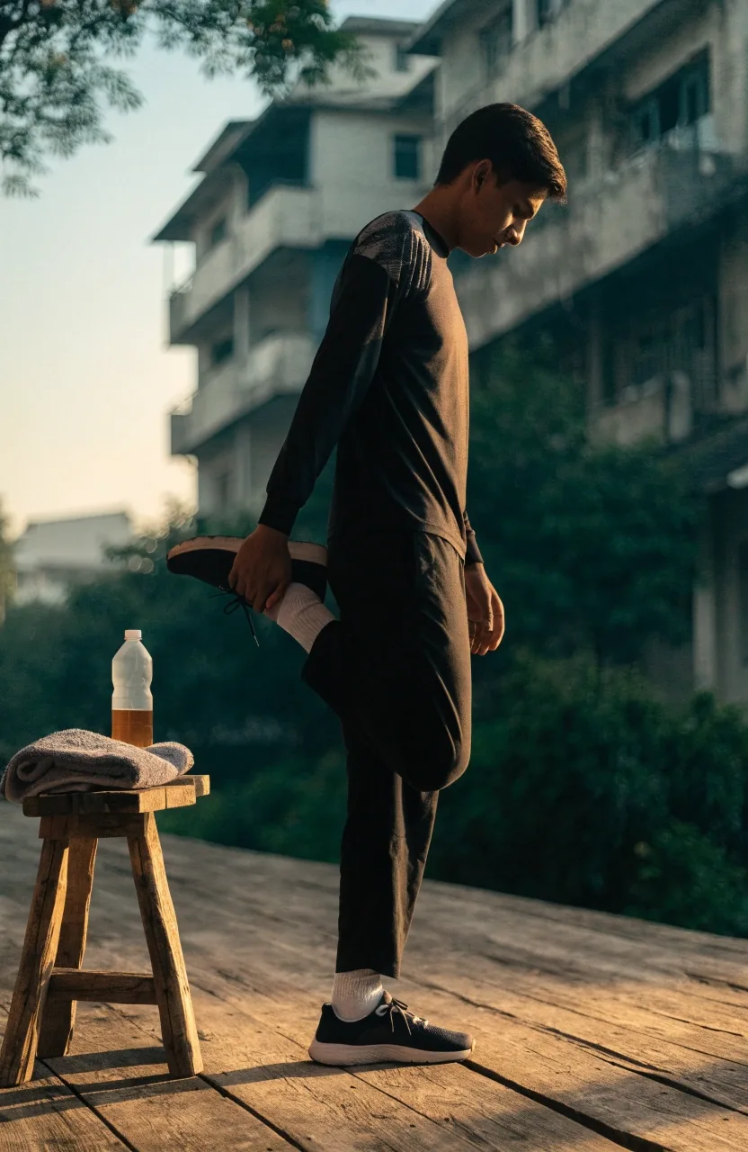 A man stretching on a tiled rooftop terrace in Jakarta before an early morning session