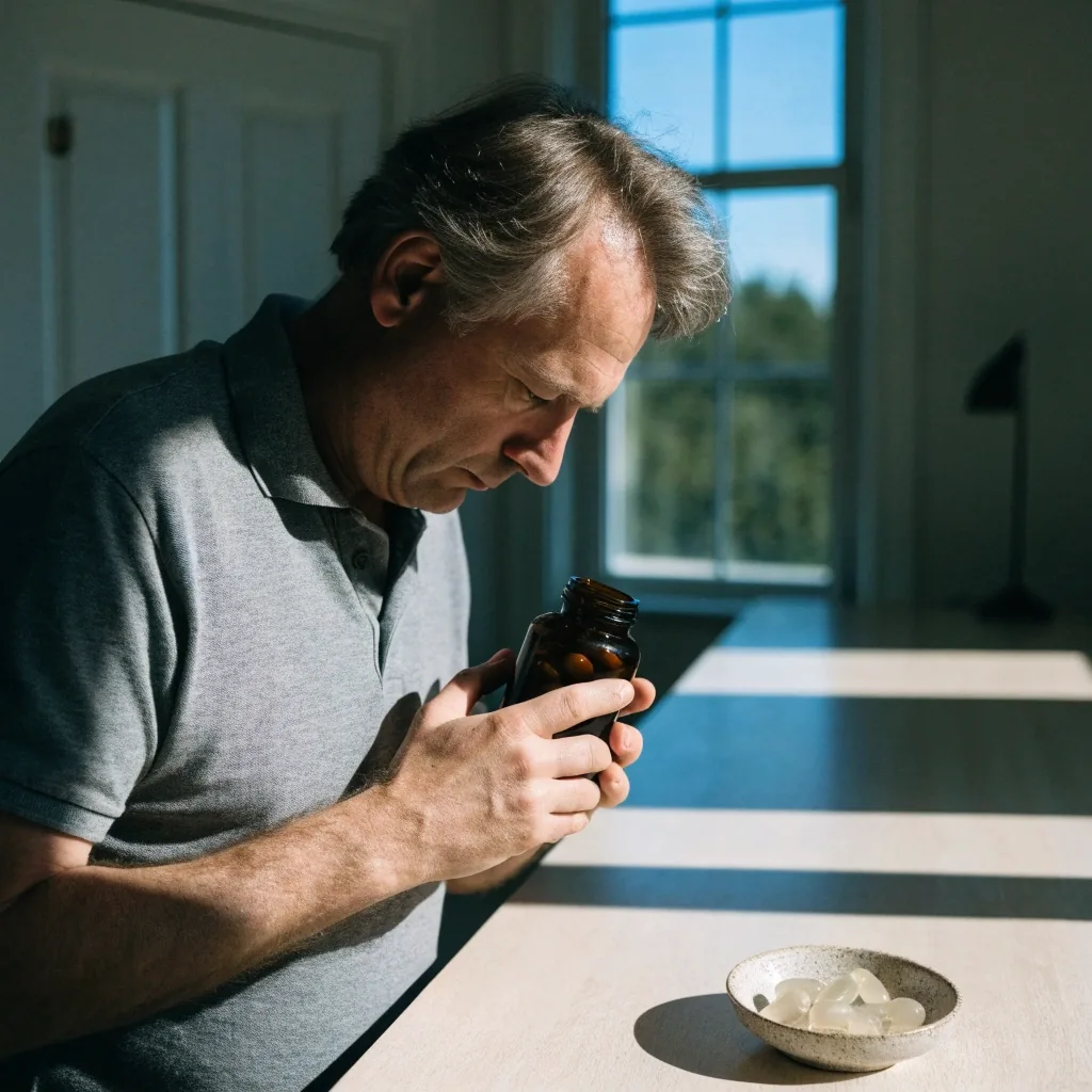 Over-the-shoulder view of a person at a pale counter holding a plain unlabelled bottle in noon light