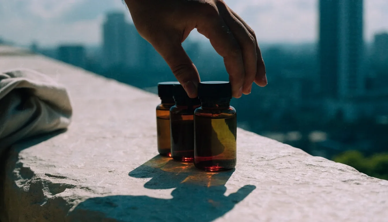 Three unlabelled tinted-glass bottles on a sunlit pale ledge with folded cloth in humid noon light