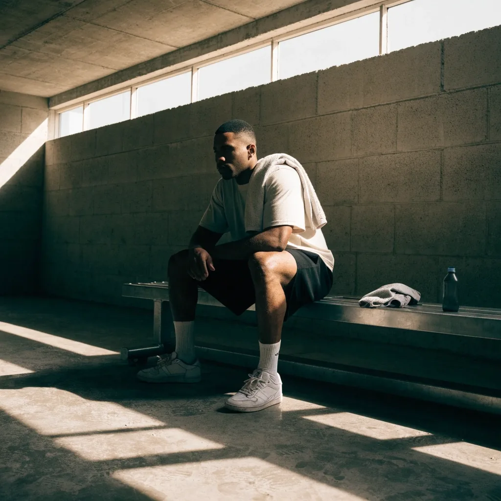 A man resting on a bench in a bare training space after a session, unlabelled bottle on the ledge