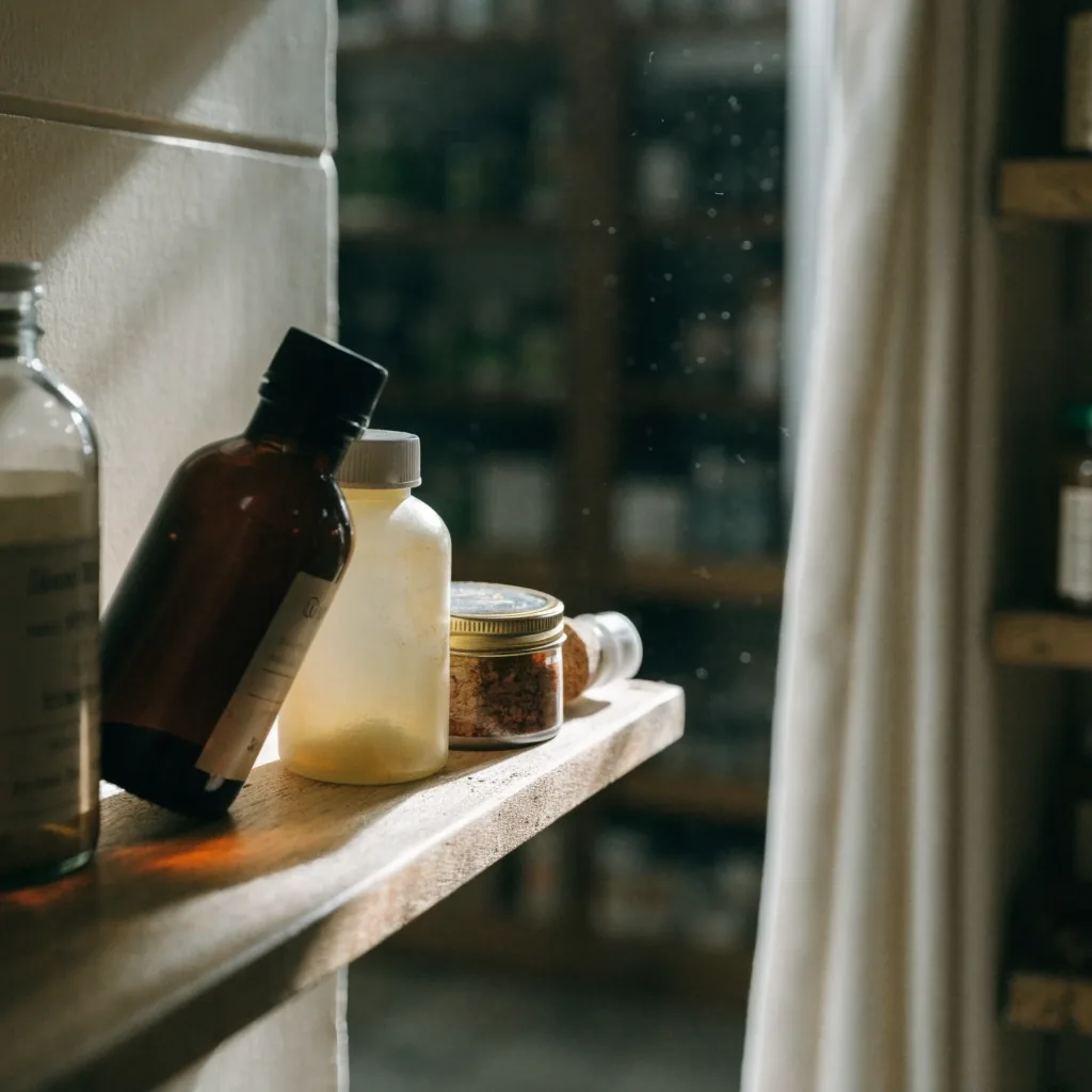 A row of unlabelled supplement containers in different formats on a pale pharmacy counter