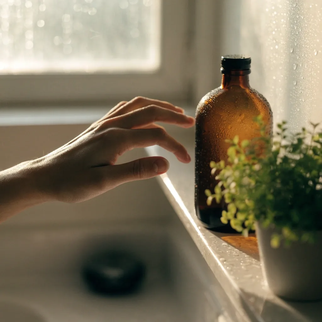 Three unlabelled tinted-glass bottles on a pale stone ledge under hard midday light