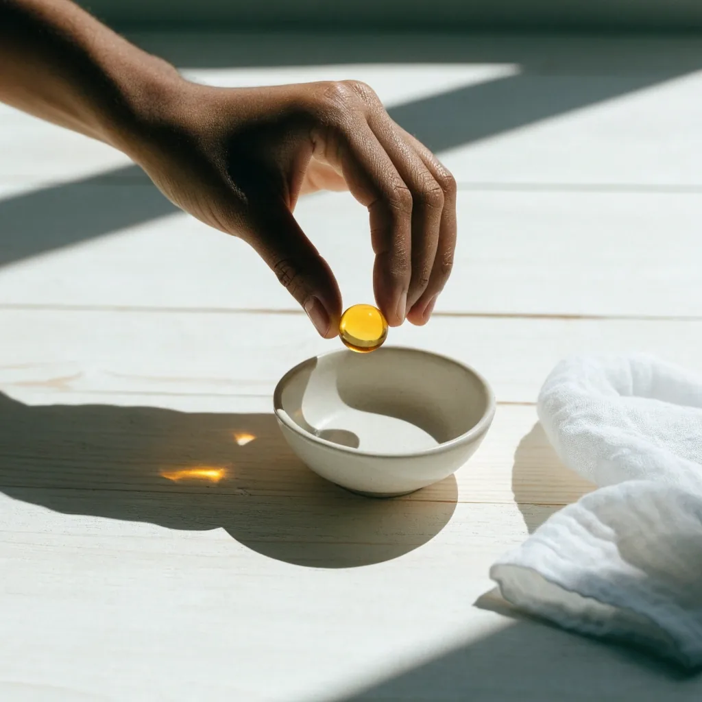 Amber soft-gel capsule on a pale board beside folded muslin under hard noon light