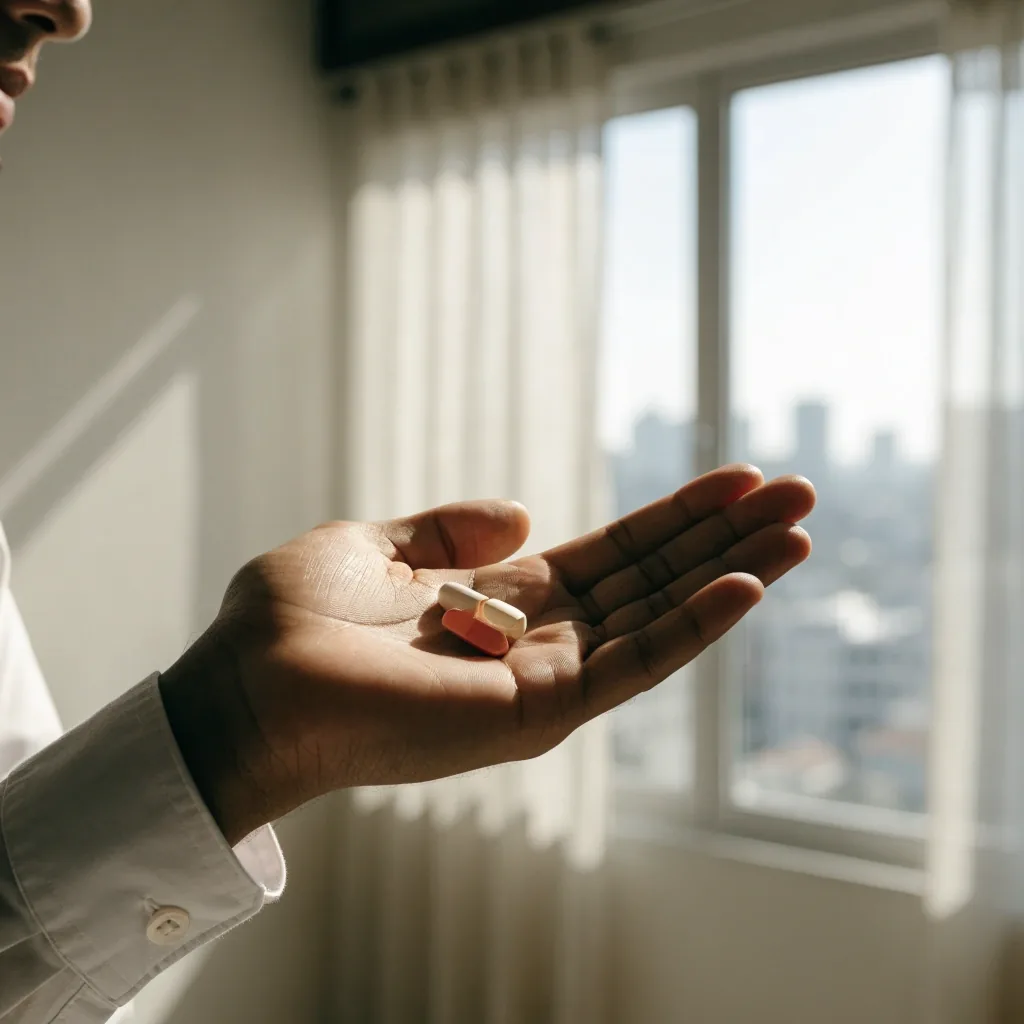 Hand turning a plain unlabelled capsule against a pale wall under a single noon light