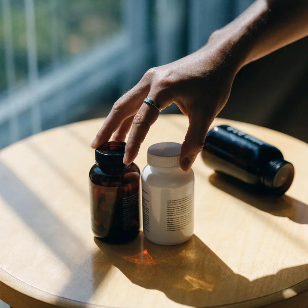 Two unlabelled supplement bottles side by side on a pale surface with hard shadows