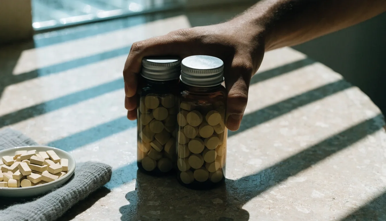 Unlabelled tinted-glass supplement bottles lined on a pale stone counter under hard noon light
