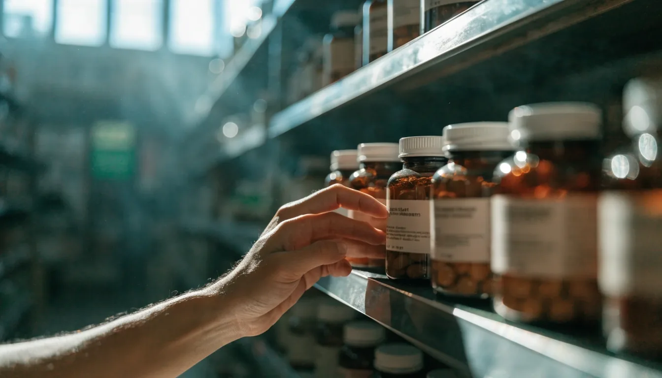 A row of unbranded tinted-glass supplement bottles on a pale stone ledge under hard noon light