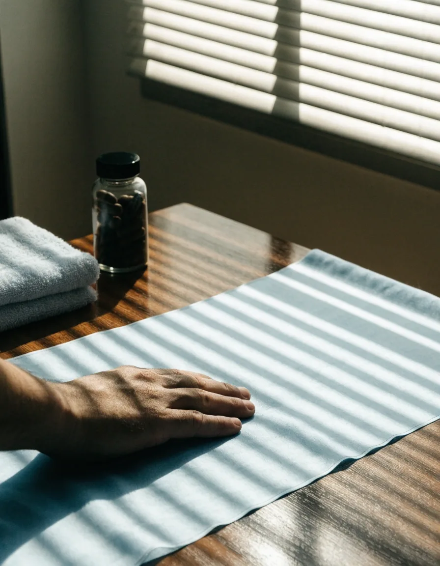 A pale blue cloth panel laid flat and cross-lit by hard noon light