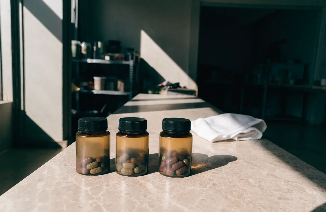 Three unlabelled tinted-glass bottles and a folded cloth on a pale table in hard midday light